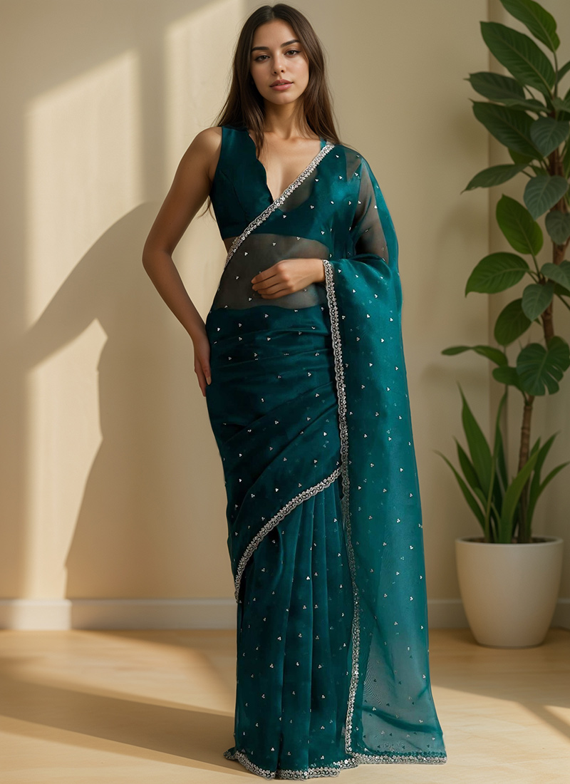 Teal Blue Tissue Saree