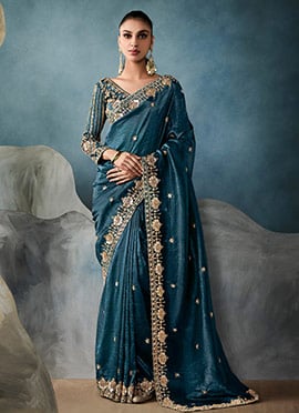 Teal Blue Tissue Zari And Embroidered Sequins Saree