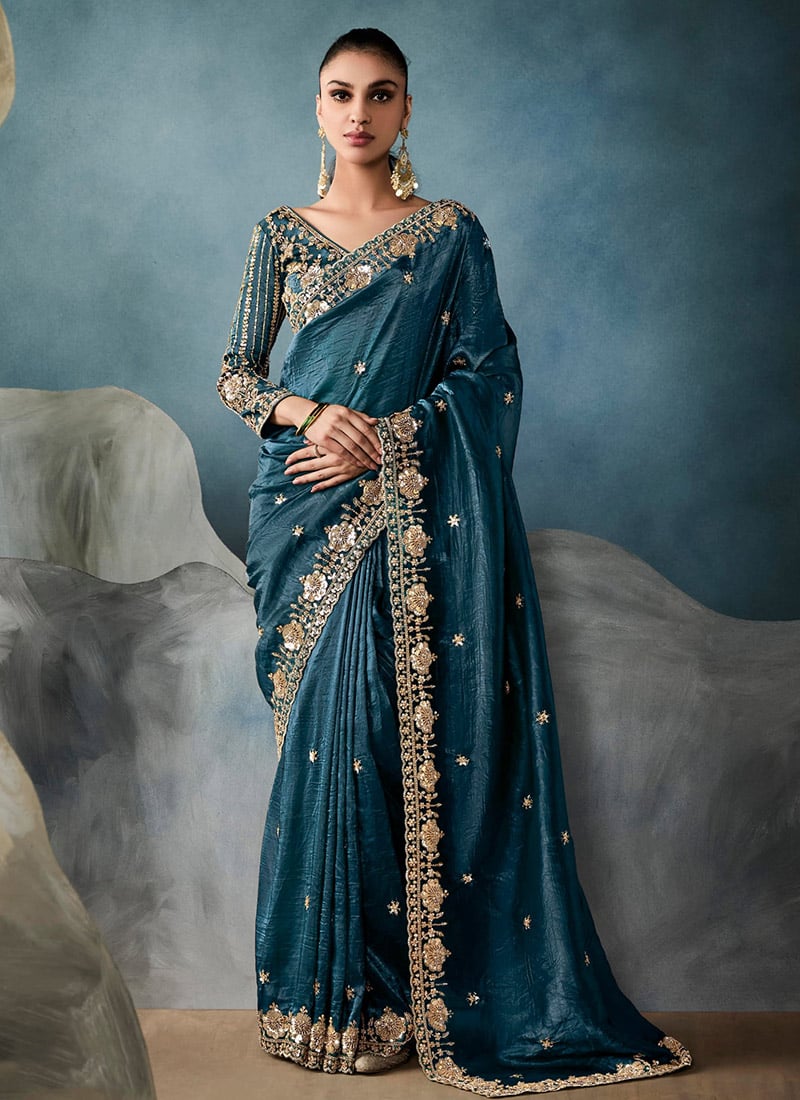 Teal Blue Tissue Zari And Embroidered Sequins Saree Festive Wear