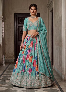 Teal Blue Tissue Zari Embroidered Sequins Stones Beads Lehenga