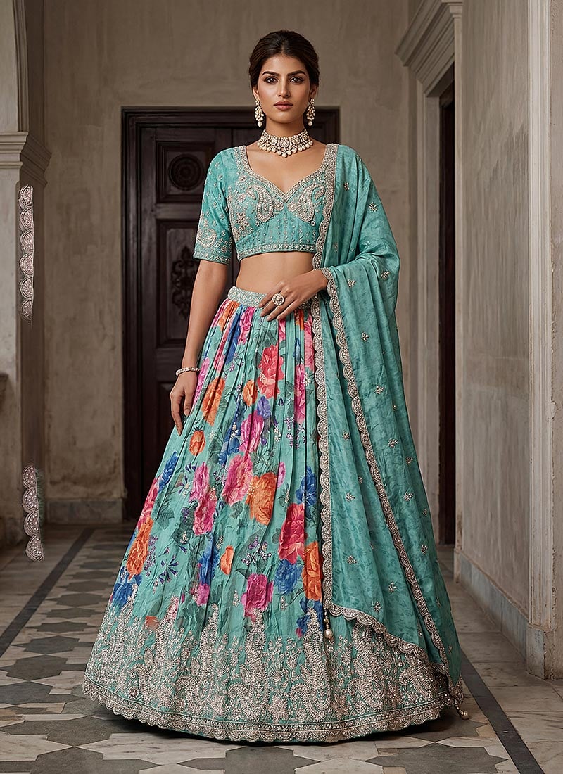 Teal Blue Tissue Zari Embroidered Sequins Stones Beads Lehenga Wedding Wear