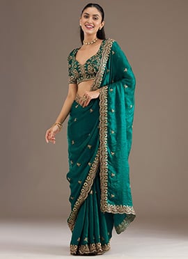 Rama Green Tissue Zari Embroidered Sequins With Stone Work Saree