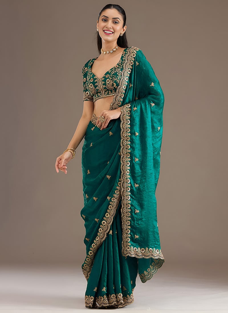 Teal Blue Tissue Zari Embroidered Sequins With Stone Work Saree Wedding Wear