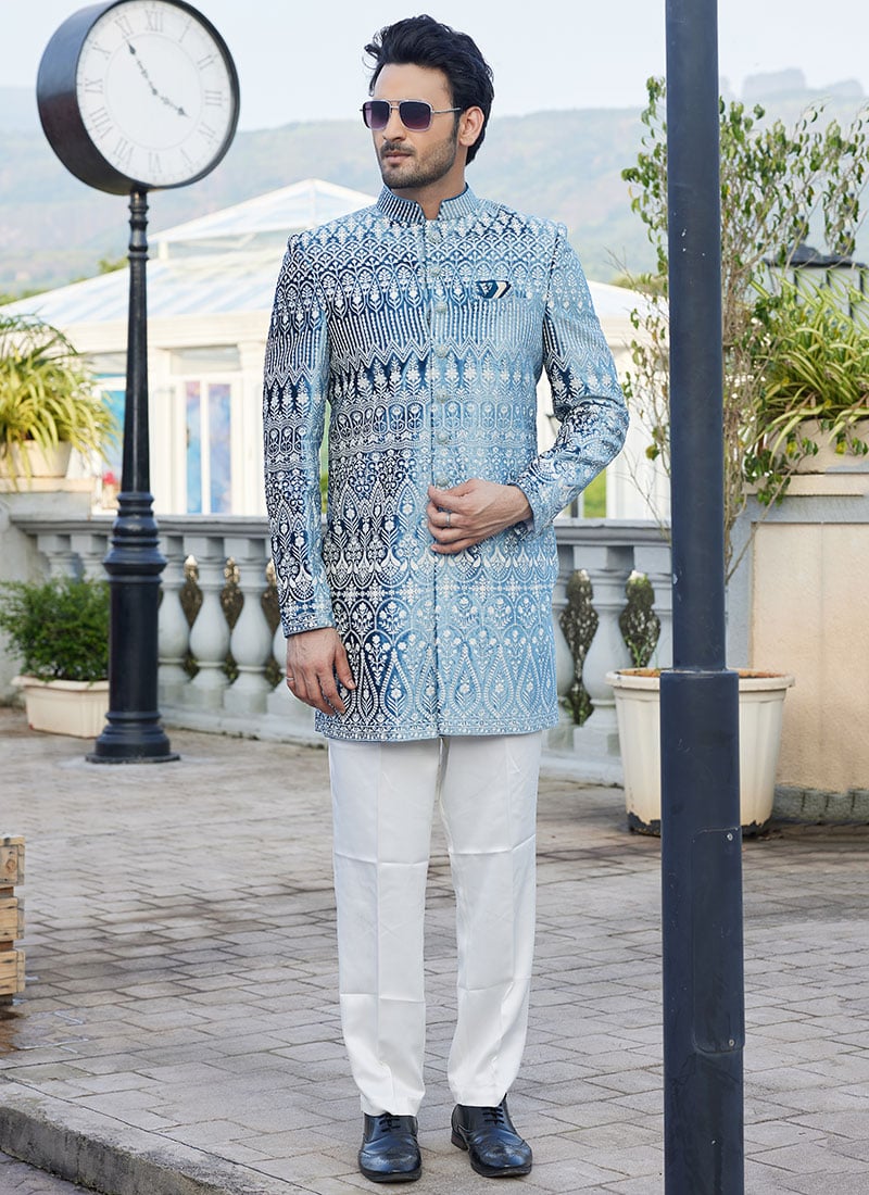 Teal Blue Velvet Embroidered Indowestern Sherwani Wedding Wear