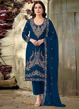 Teal Blue Velvet Embroidered Pakistani Straight Pant Suit