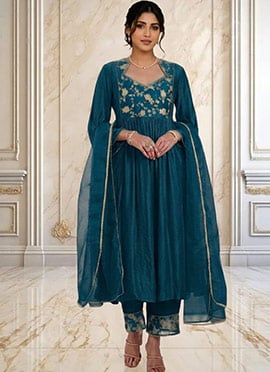 Teal Blue Vichitra Silk  Zari Sequins Anarkali Suit