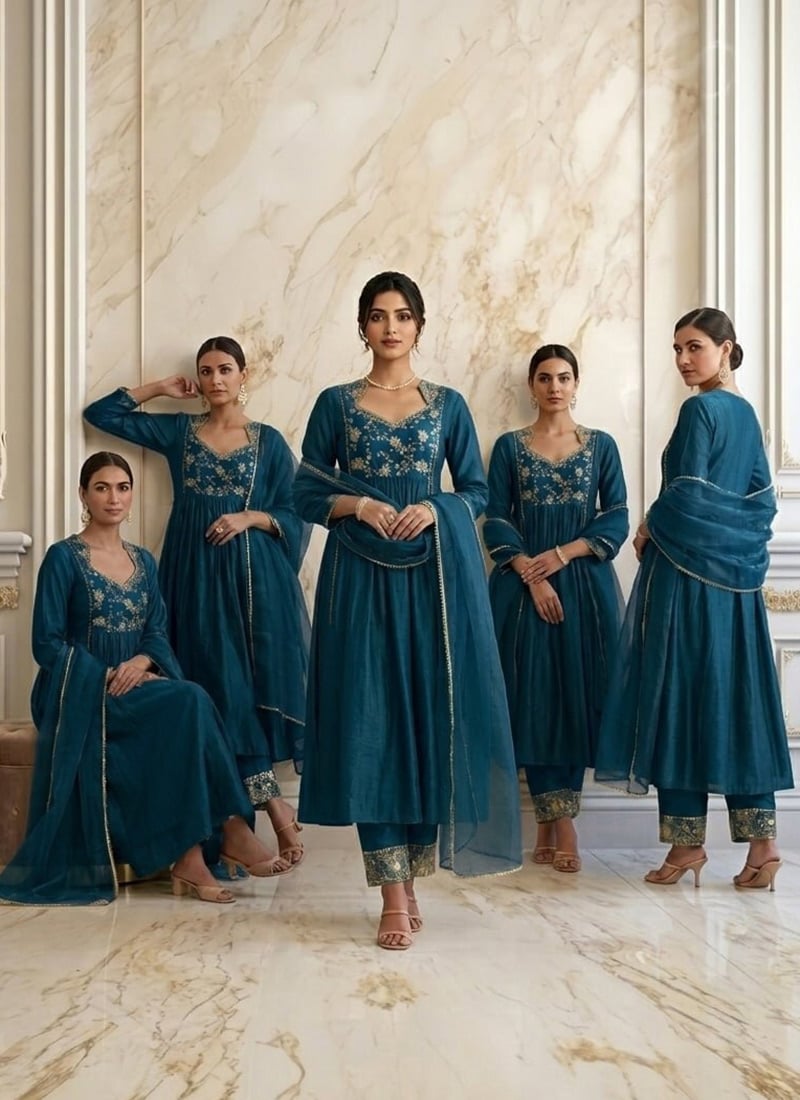 Teal Blue Vichitra Silk Zari Sequins Anarkali Suit Wedding Wear