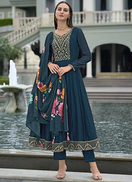 Teal Blue Vichitra Silk Embroidered Sequins Straight Pant Suit With Floral Digital Print Dupatta