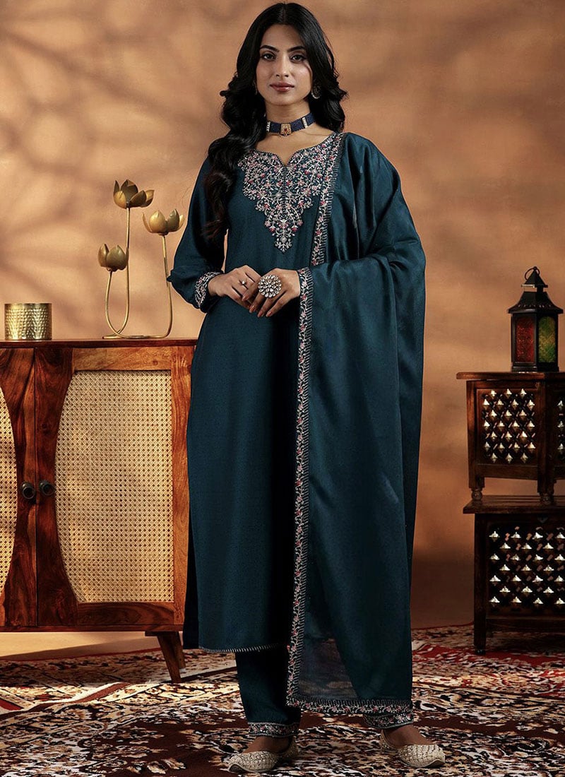 Teal Blue Vichitra Silk Embroidered Straight Pant Suit  After Six Wear
