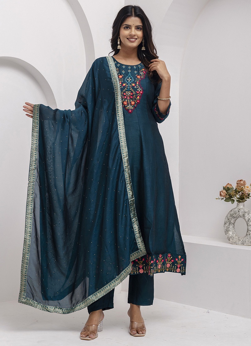 Teal Blue Vichitra Silk Embroidered Straight Pant Suit Festive Wear