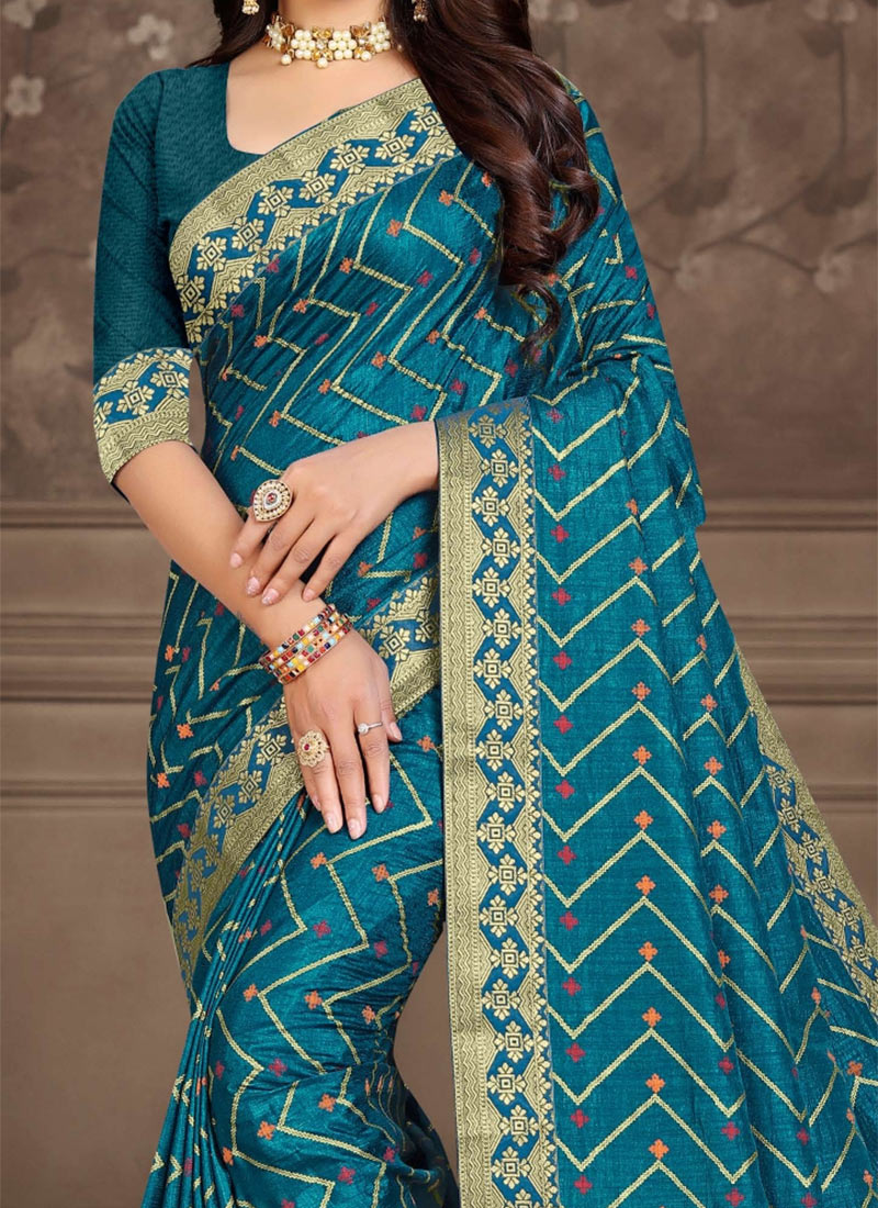 Women's Vichitra Silk Teal blue Embroidered Designer Saree With Blouse Piece