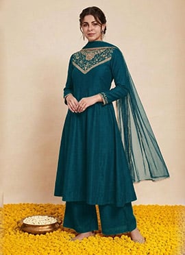 Teal Blue Vichitra Silk Zari Sequins Embroidered A Line Anarkali Palazzo Suit