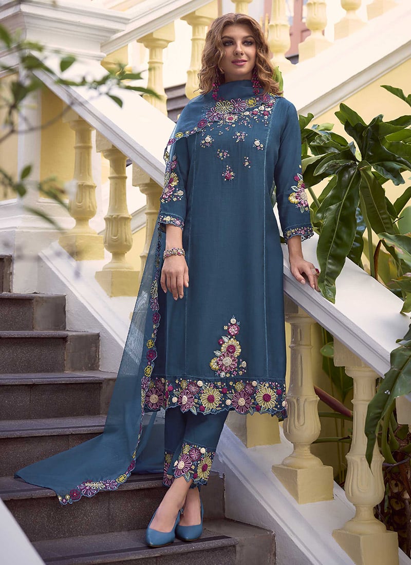 Teal Blue Viscose Beads And Thread Embroidered Sequins Straight Pant Suit Festive Wear