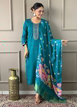 Teal Blue Viscose Chanderi Embroidered Splendid Straight Pant Suit