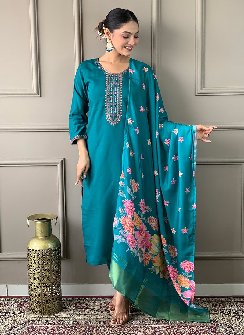 Teal Blue Viscose Chanderi Embroidered Splendid Straight Pant Suit Festive Wear