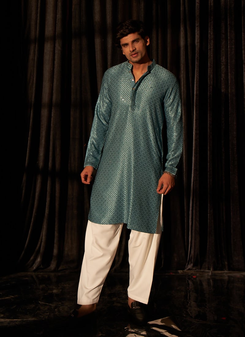 Teal Blue Viscose Sequins Kurta Pyjama Festive Wear