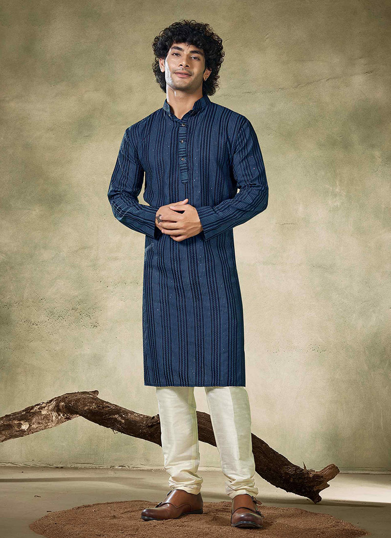 Teal Blue Viscose Sequins Kurta Pyjama Festive Wear
