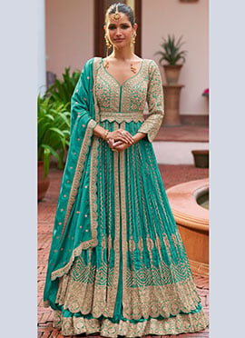 Teal Blue Zari Embroidered Chinon Silk Anarkali Suit