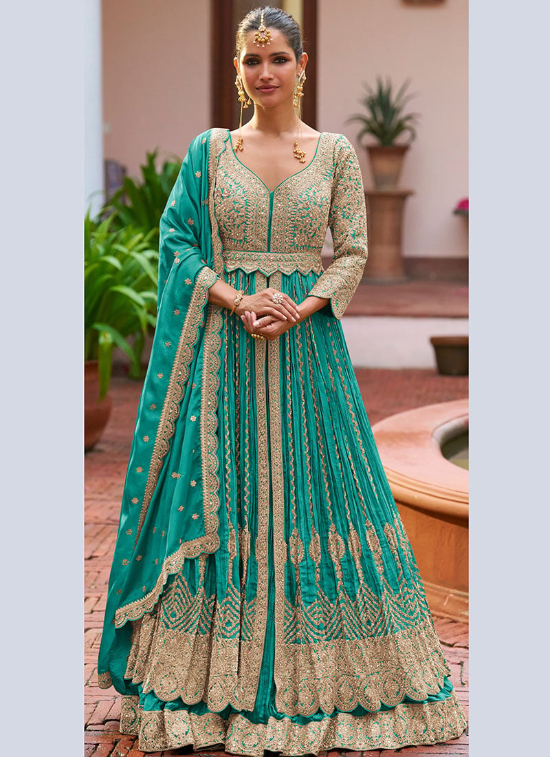 Teal Blue Zari Embroidered Chinon Silk Anarkali Suit Wedding Wear