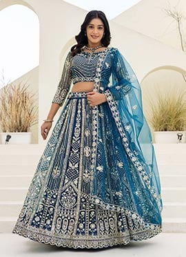 Teal Butterfly Net Sequins and Codding Embroidery A Line Lehenga