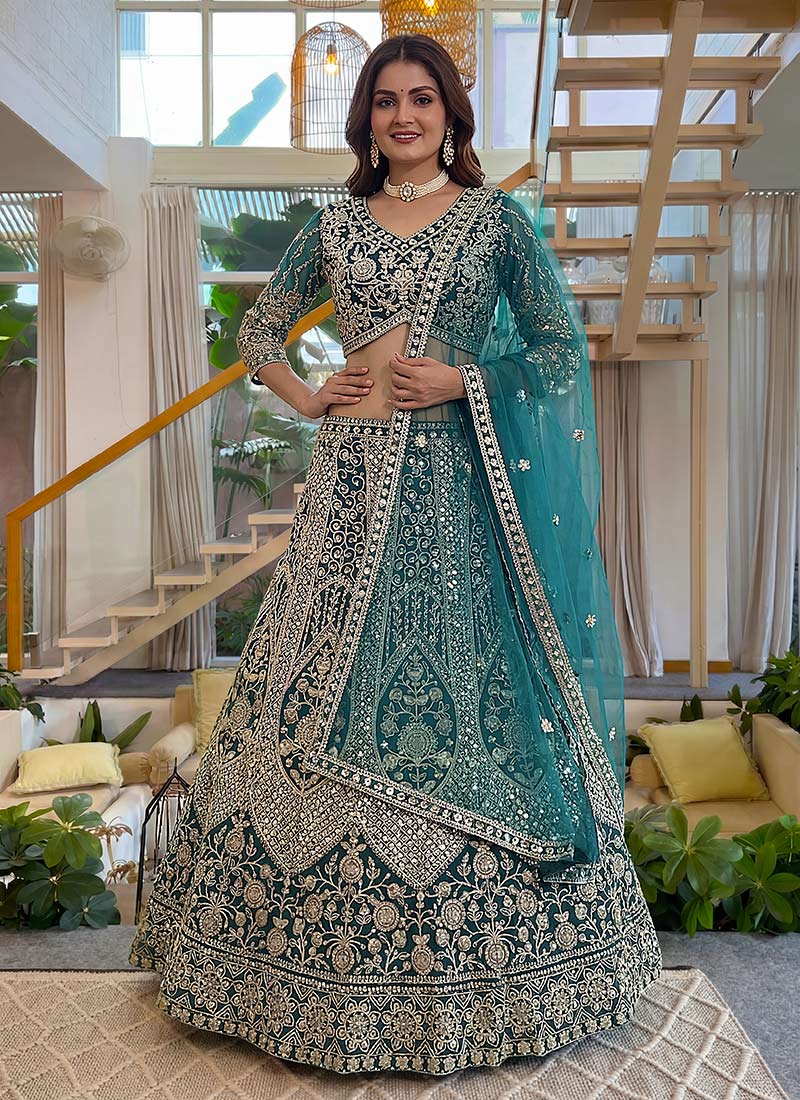 Teal Butterfly Net Sequins Embroidered Lehenga Wedding Wear