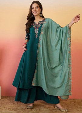 Teal Chanderi Silk Embroidered Palazzo Suit