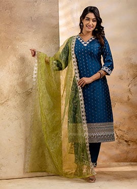 Teal Chanderi Silk Embroidered Sequins Straight Pant Suit