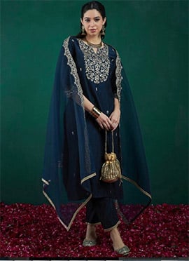 Teal Chanderi Silk Embroidered Sequins Straight Pant Suit