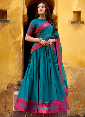 Teal Chanderi Thread Woven A Line Lehenga