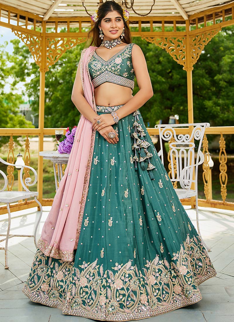 Teal Chiffon Embroidered Sequins Lehenga