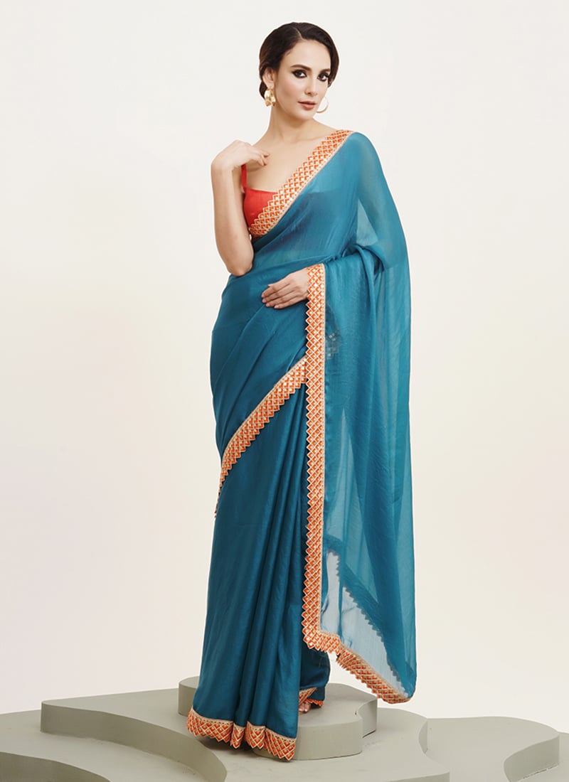 Teal Chiffon Embroidered Sequins Saree After Six Wear