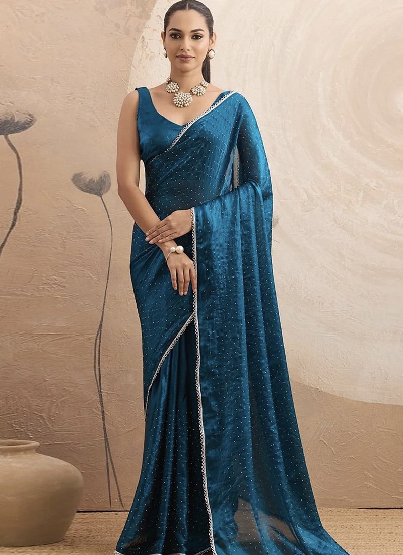 Teal Chiffon Tikki Work Saree