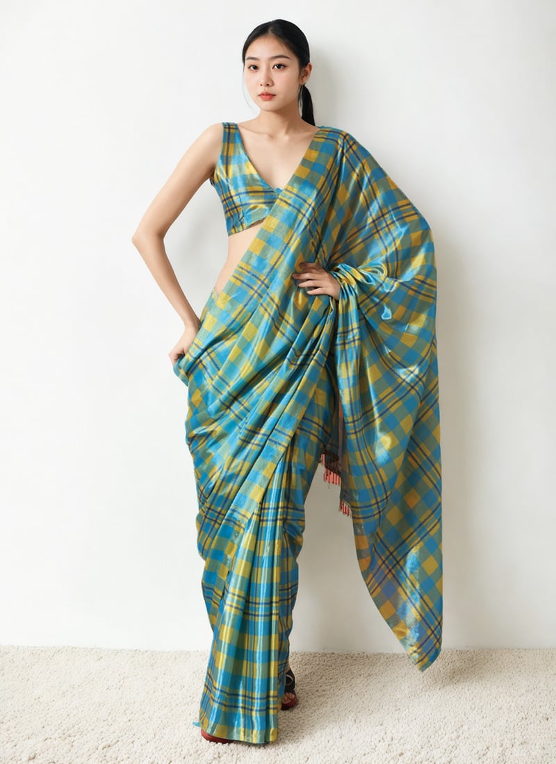 Teal Chinon Digital Print Pre Draped Saree