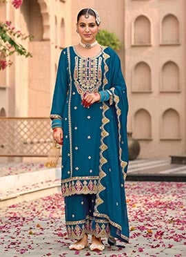 Teal Chinon Embroidered Mirror Work Sequins Pakistani Palazzo Suit