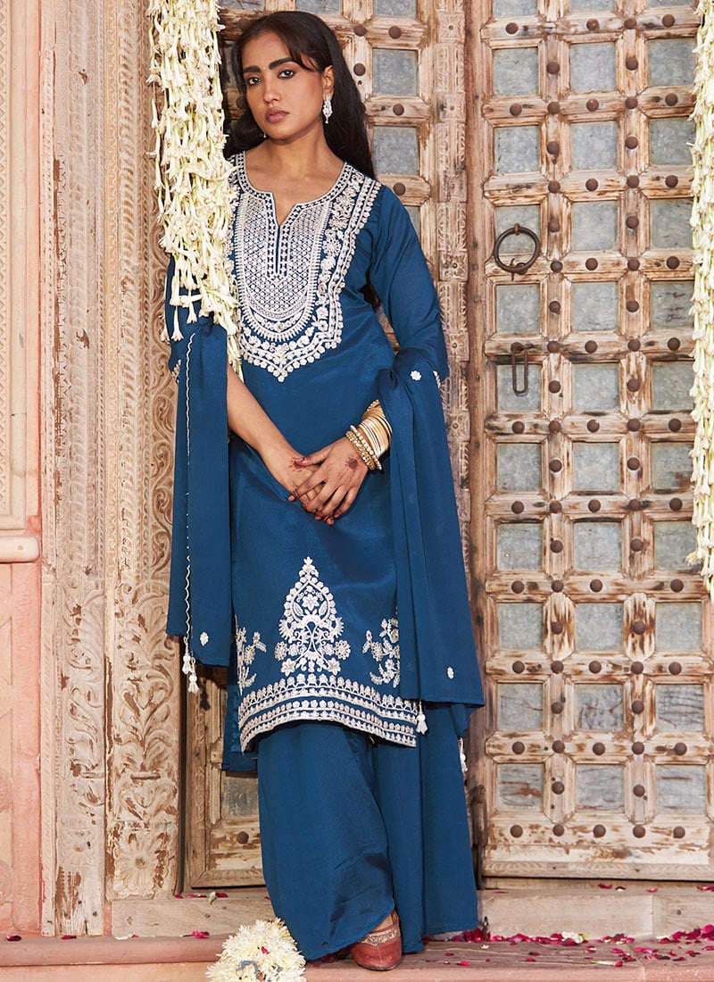 Teal Chinon Embroidered Palazzo Suit Festive Wear