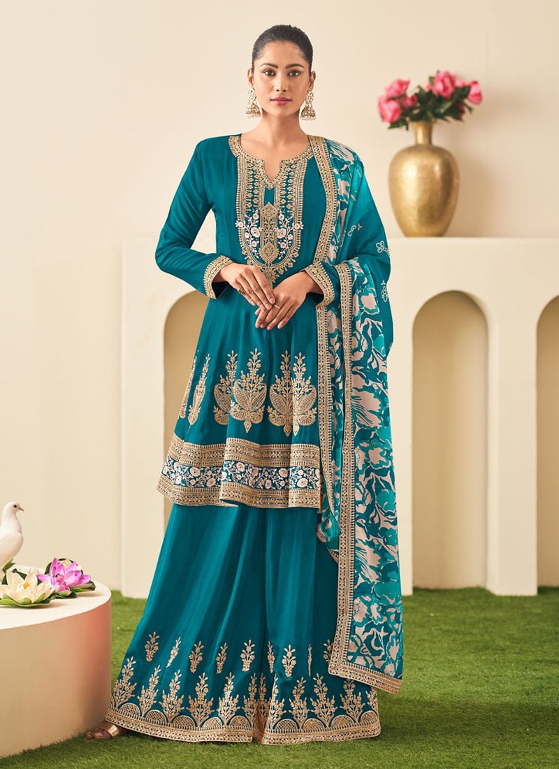 Teal Chinon Embroidered Sequins A Line Palazzo Suit With Digital Print Dupatta Festive Wear