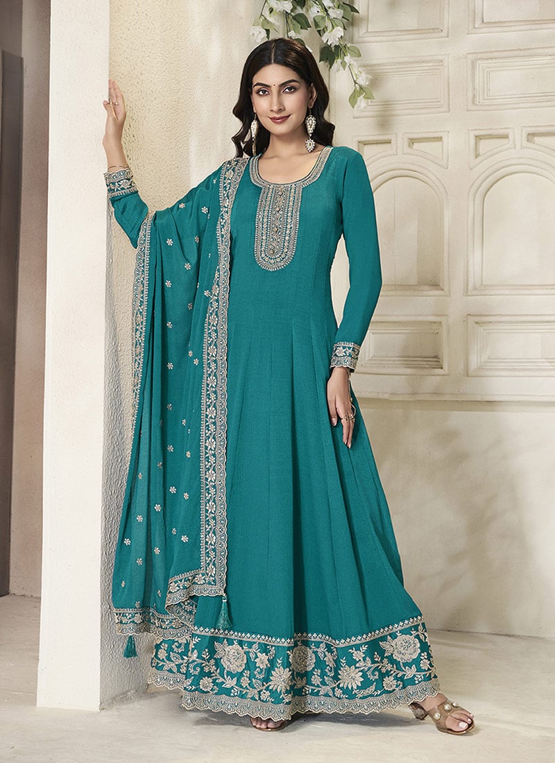 Teal Chinon Embroidered Sequins Anarkali Suit Festive Wear