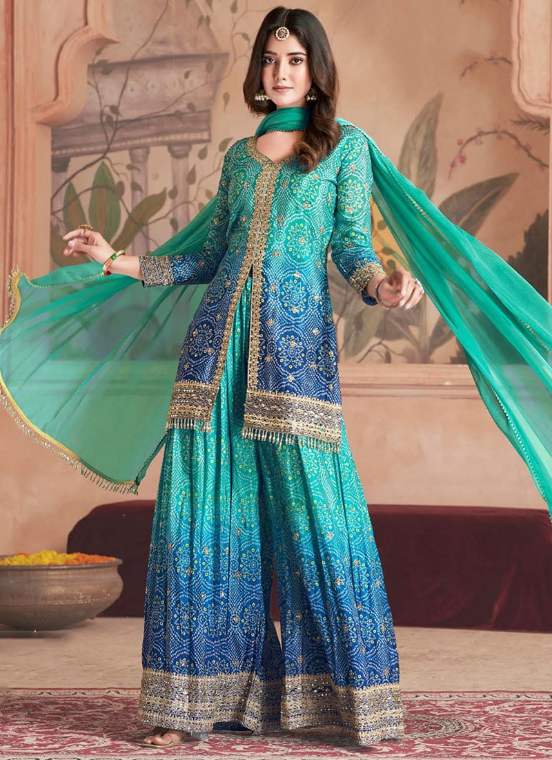 Teal Chinon Embroidered Sequins Bandhini Print Palazzo Suit Festive Wear