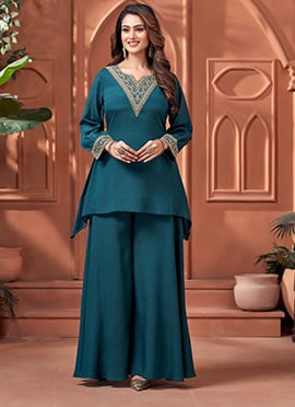 Teal Chinon Embroidered Sequins Classy Co Ord Set