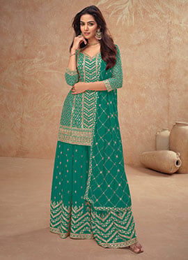 Teal Chinon Embroidered Sequins Palazzo Suit