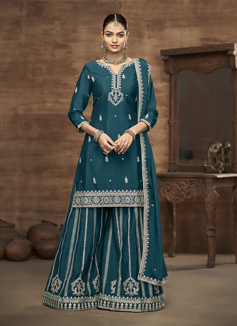 Teal Chinon Embroidered Sequins Palazzo Suit