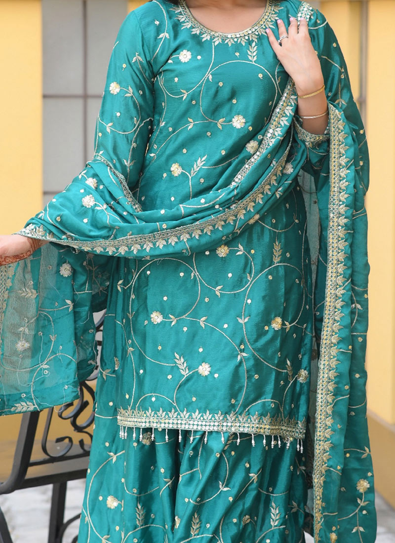 Teal Chinon Occasion-Use Readymade Palazzo