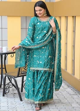 Teal Chinon Embroidered Sequins Palazzo Suit