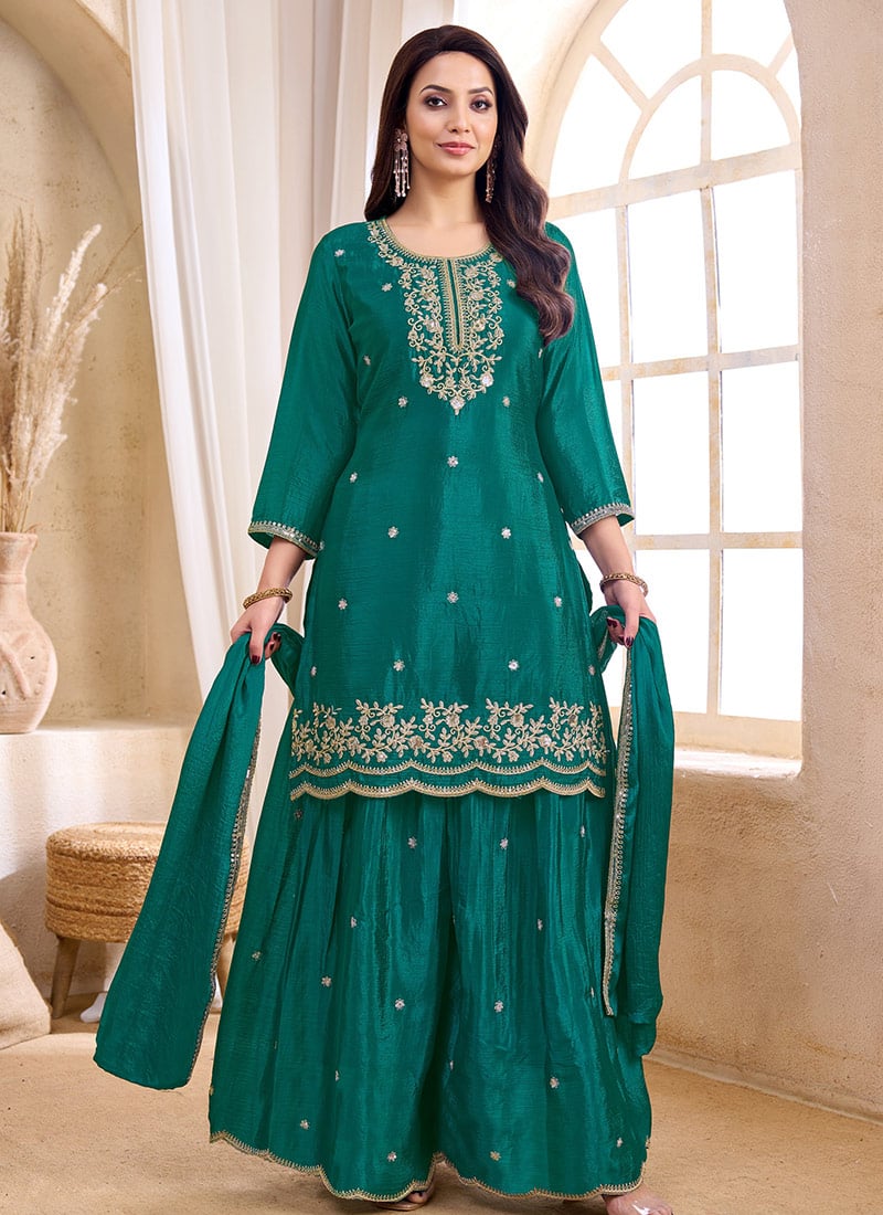 Teal Chinon Embroidered Sequins Palazzo Suit After Six Wear