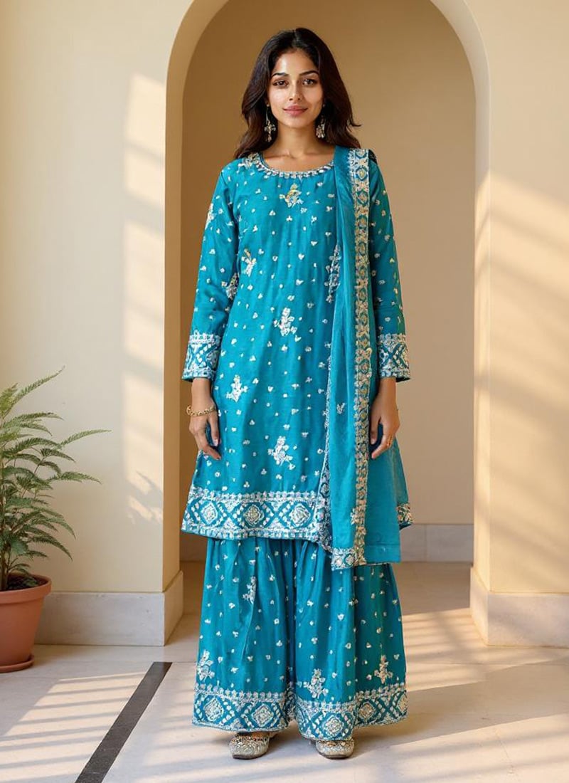 Teal Chinon Embroidered Sequins Sharara Suit Festive Wear