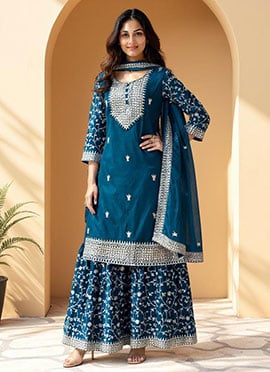 Teal Chinon Embroidered Sequins Sharara Suit