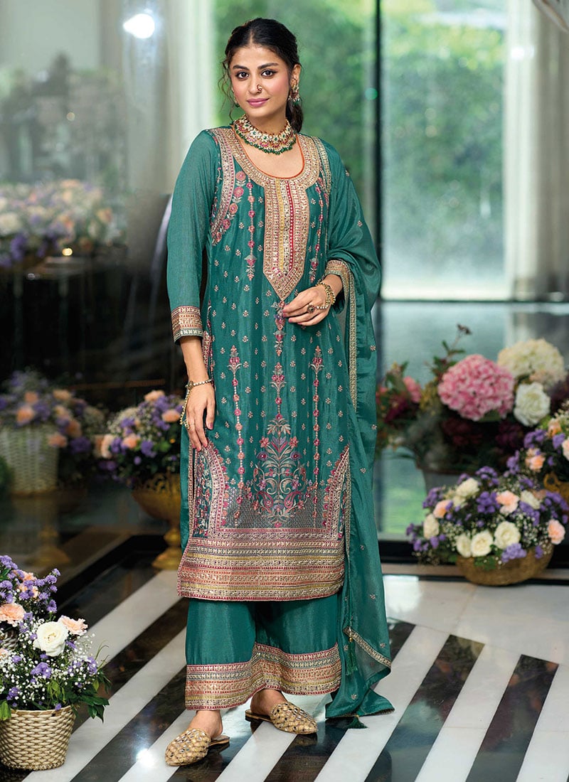 Teal Chinon Embroidered Sequins With Stone Work Palazzo Suit Festive Wear
