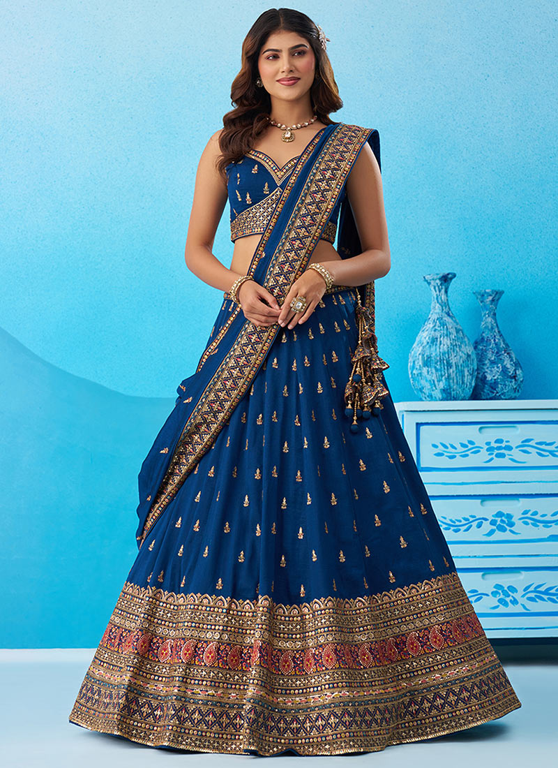 Teal Chinon Embroidered Sequins Zari Work Lehenga Wedding Wear