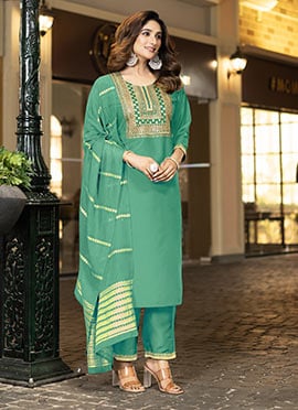 Teal Chinon Embroidered Straight Pant Suit