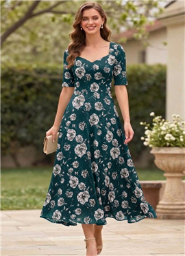 Teal Chinon Floral Midi Dress